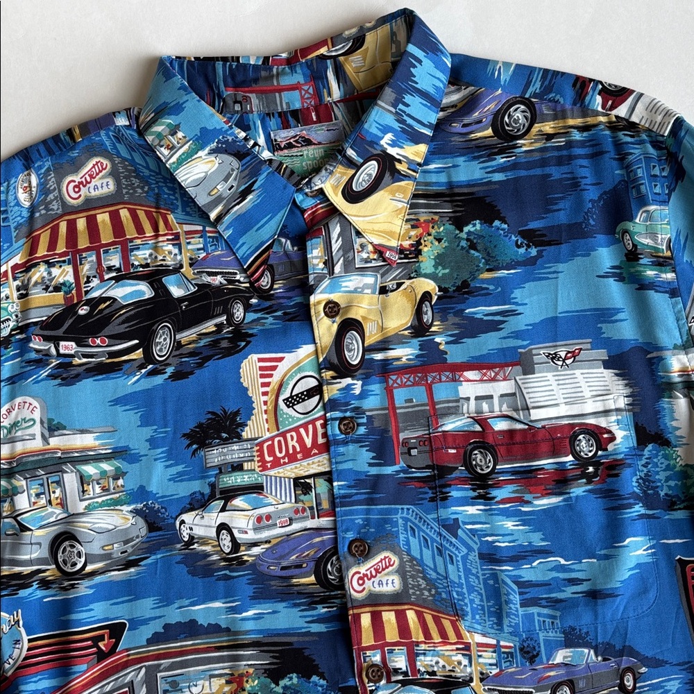 Vintage Reyn Spooner Retro Corvette Cars Blue‎ Hawaiian Shirt Spun Rayon Mens XL